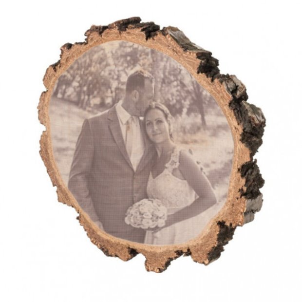  Dřevěná podložka z kmene břízy s vygravírovanou fotografií k Vašemu výročí, s kůrou 8-10 cm