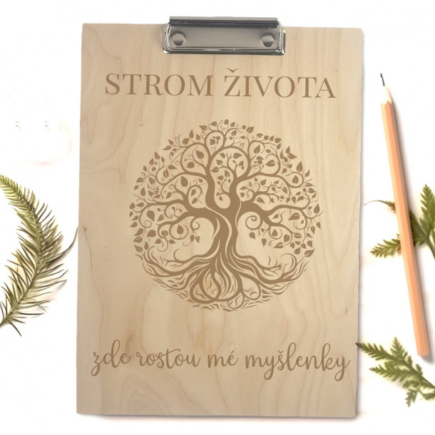 Dřevěná psací podložka strom života, s klipem, A4 | Okamih